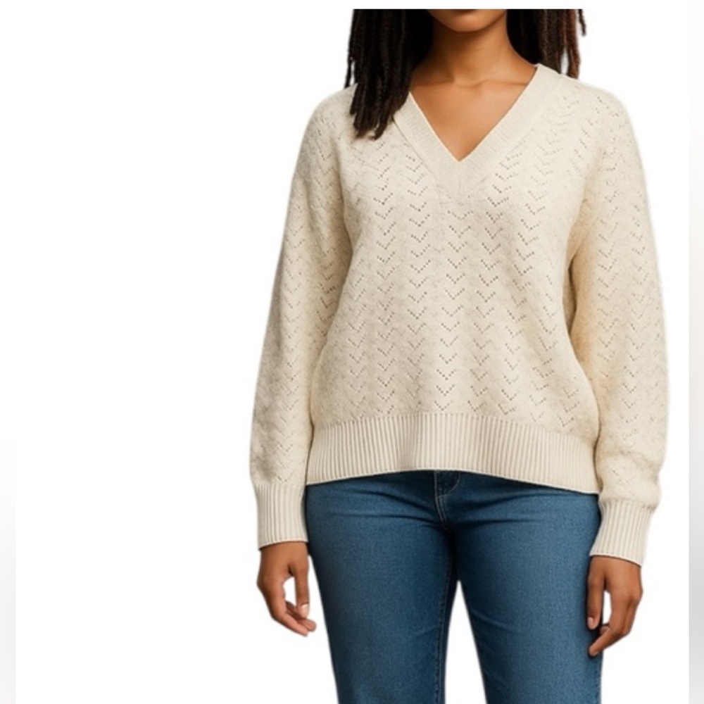 Veronica Beard Pointelle Cream V-Neck Sweater